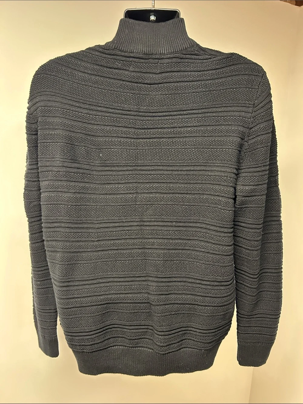 Chaps Mens Medium Black Textured Knit 1/4 Zip Pullover Sweater Grey Collar Trim